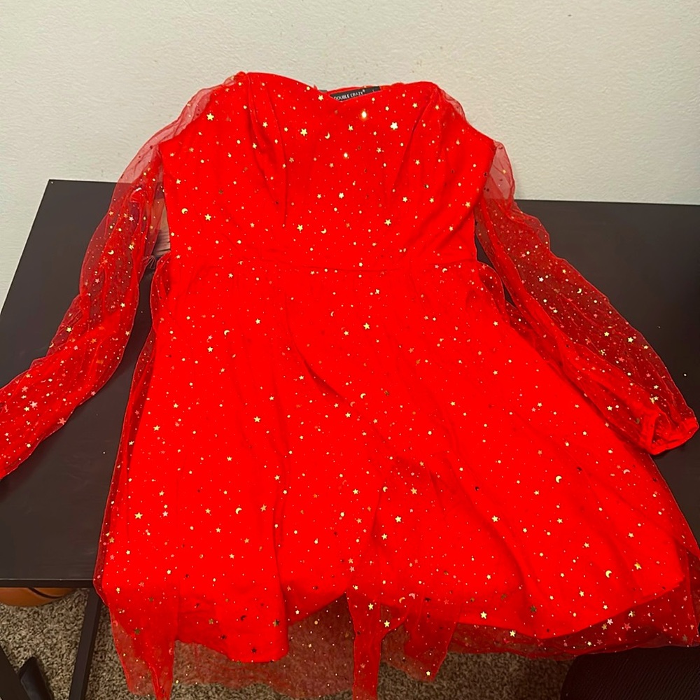 Red with gold stars shimmery dress, DOUBLE CRAZY large